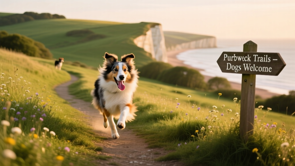 A collie running joyfully across a sun-dappled grassy path in the Purbeck Hills, with rolling green hills and distant chalk cliffs in the background