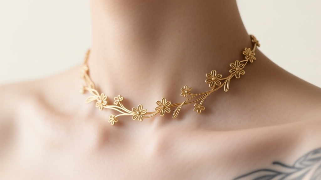 Delicate gold wire choker with tiny floral motifs resting on the collarbone, mimicking a fine-line tattoo in soft natural light.