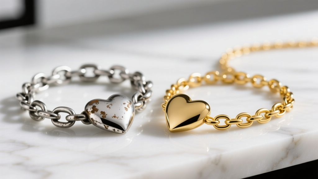 Tarnished rhodium-plated silver heart chain next to a polished 14k yellow gold heart chain resting on a white marble surface.