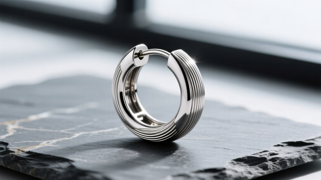 Macro shot of a 100mm titanium hoop earring on slate, highlighting a seamless hinge mechanism and a thick 12-gauge wire profile.
