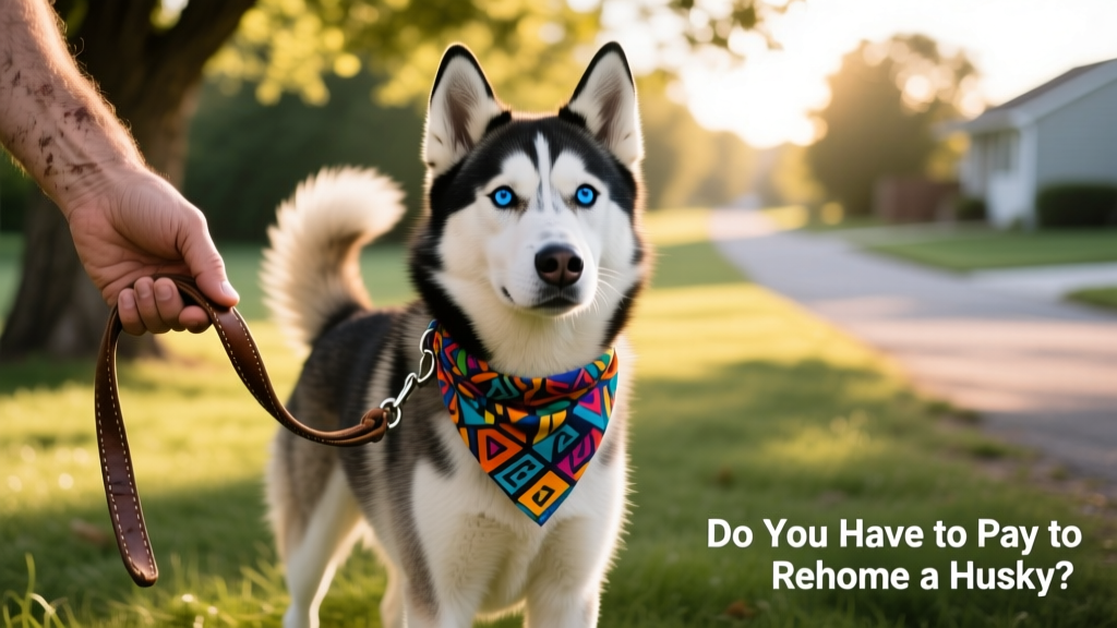 A hand holding a leash attached to a calm, alert Husky wearing a colorful bandana, symbolizing readiness for a new journey