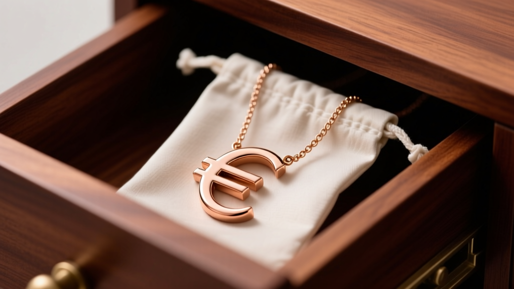 Anti-tarnish bag holding a coiled rose gold euro sign necklace, placed inside a mahogany drawer to prevent oxidation.