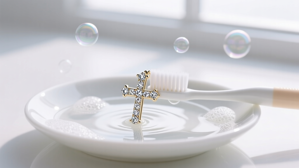 Soft-bristled baby toothbrush gently scrubbing micro-pave diamonds on a white gold mini cross pendant submerged in soapy water.