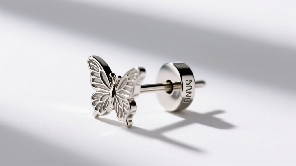 Macro photography showing the earring post and butterfly back of a silver-tone fashion earring, highlighting the steel stamp