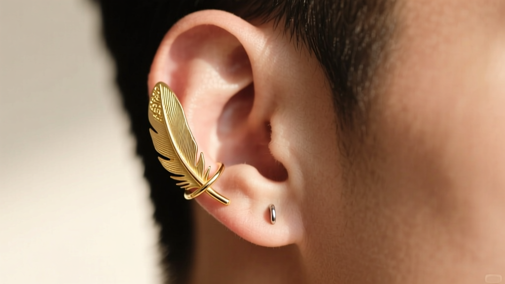 Macro shot of a minimalist 18k gold vermeil feather ear cuff wrapping around a male helix piercing, sharp focus on texture