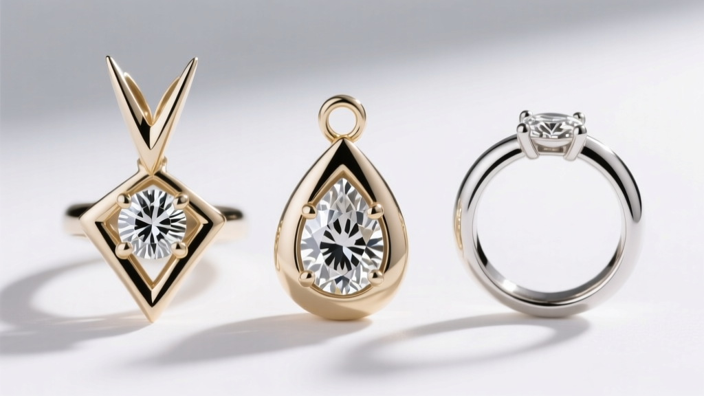 Close-up of three teardrop pendant settings comparing a protective V-prong, a round prong, and a bezel setting in white gold