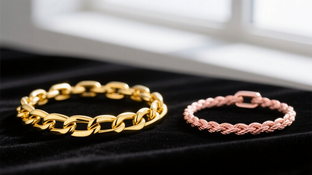 Macro shot comparing a 14K yellow gold Figaro chain and an 18K rose gold rope chain on dark velvet, highlighting link textures