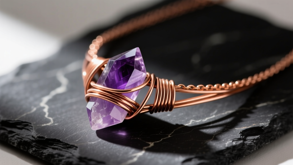 Macro shot of an intricate 24-gauge copper wire wrap necklace holding a raw amethyst crystal, resting on a dark slate surface