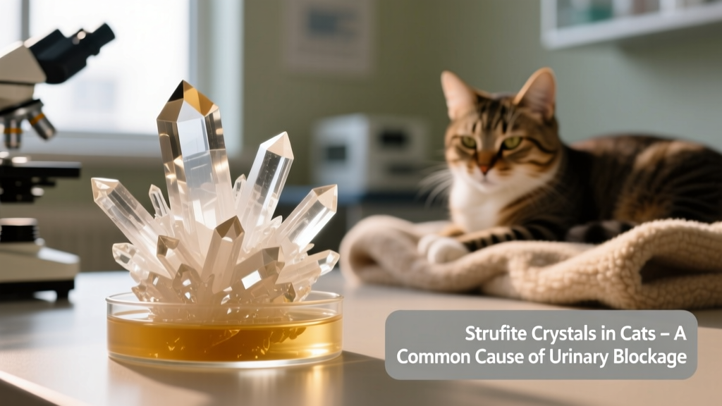 Microscopic view of struvite crystals in a cat's urine sample, magnified under a lab microscope