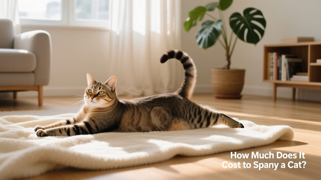 A relaxed adult cat stretching comfortably on a soft surface