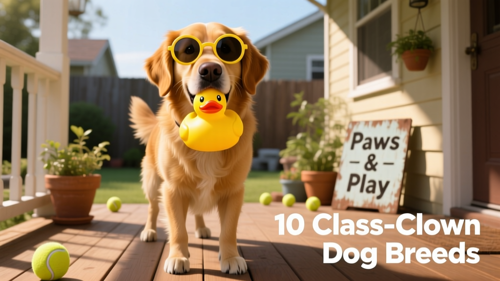 A golden retriever mix wearing sunglasses and holding a rubber duck in its mouth, looking proudly ridiculous