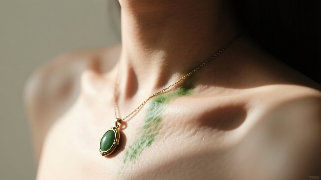 Close-up of a collarbone showing a faint green stain from a brass pendant necklace, illuminated by soft natural window light.