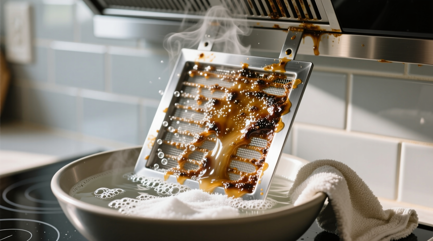 how to clean greasy range hood filters with baking soda vinegar