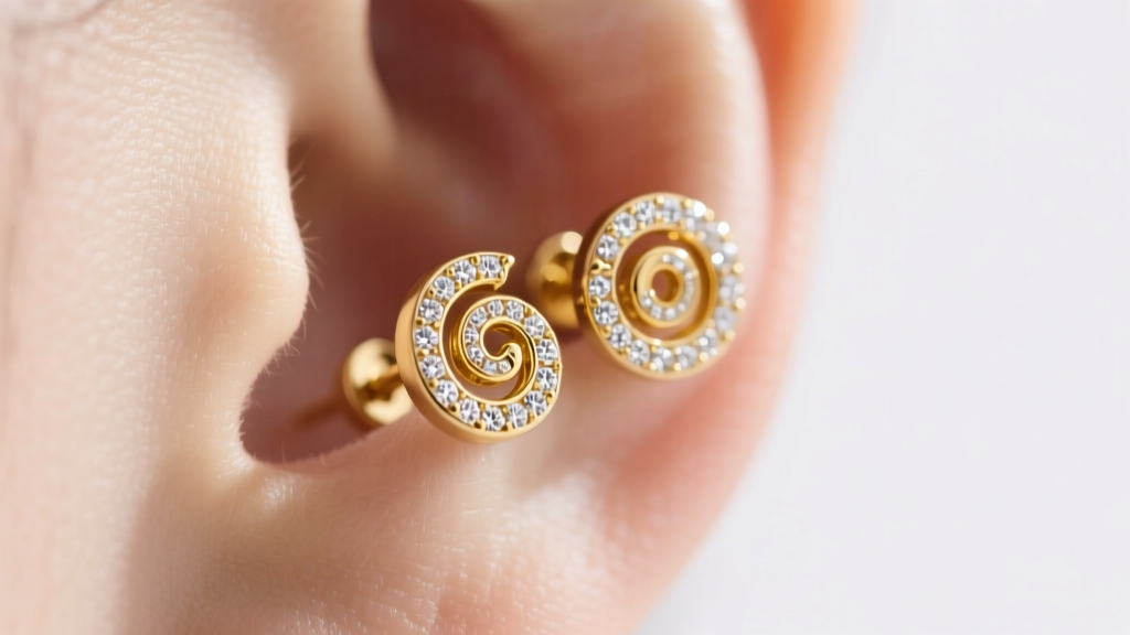 Close-up of 18k yellow gold swirl stud earrings with pavé diamonds on an earlobe, soft studio lighting, elegant jewelry portrait.