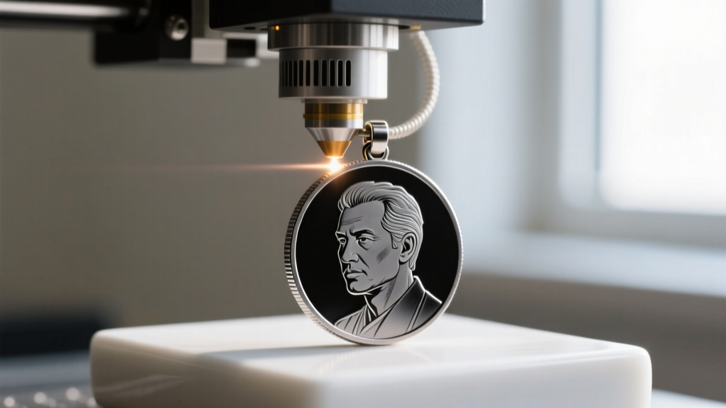 Macro shot of a fiber laser engraving machine etching a detailed grayscale portrait onto a matte black titanium coin pendant