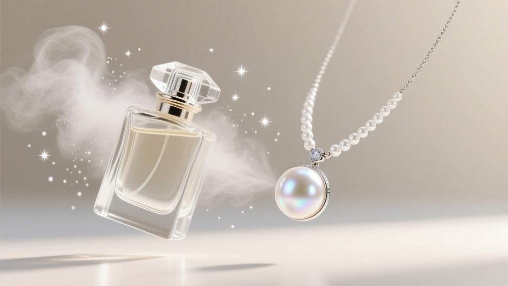 Fine mist from a glass perfume bottle spraying near a luminous white akoya pearl pendant necklace in soft lighting