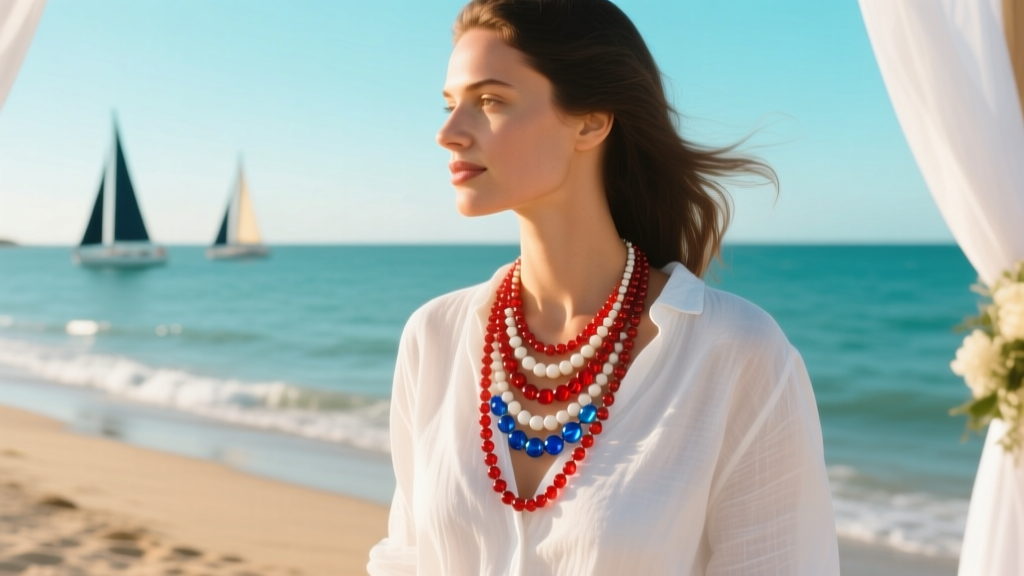 Woman wearing a layered red white and blue bead necklace over a white linen shirt at a sunny outdoor coastal summer wedding