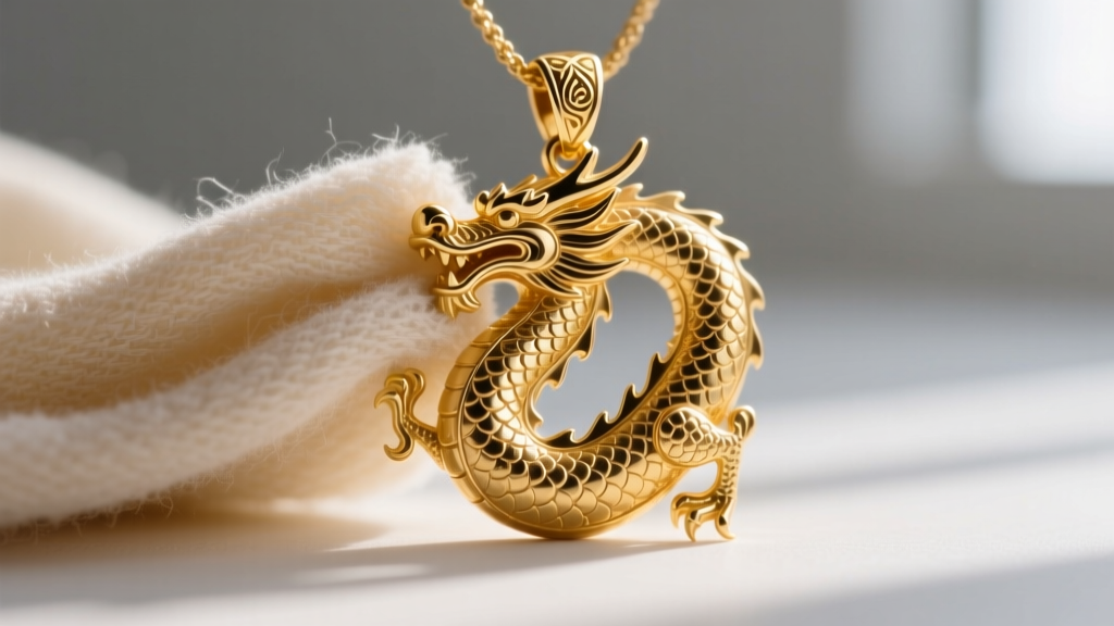 Soft microfiber cloth wiping the raised scales of a gold vermeil dragon pendant, macro shot showing intricate metal texture.