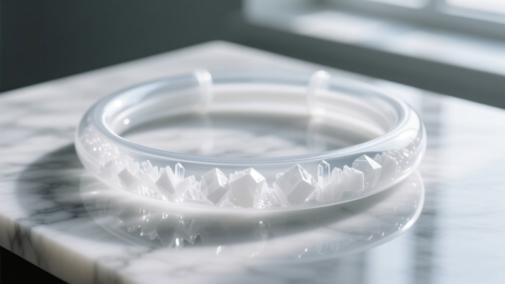 Macro shot of a translucent TPU cooling necklace tube filled with solid white phase change material on a cool marble surface