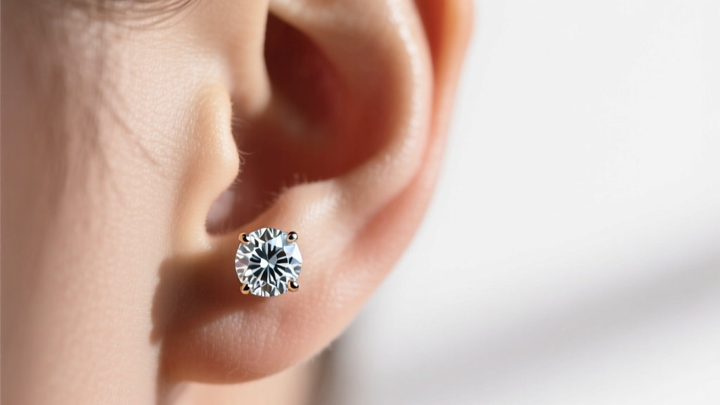 Macro photography of a 1-carat round brilliant diamond stud earring sitting perfectly straight on a softly lit human ear lobe