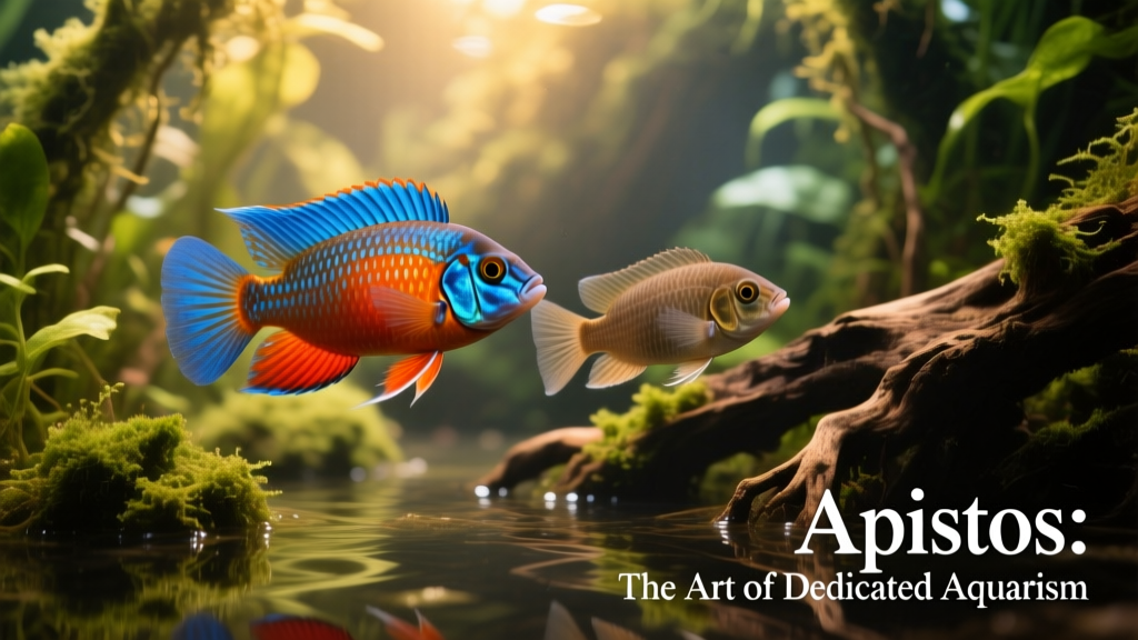 A pair of vibrant Apistogramma cichlids among dense aquatic plants and driftwood in a well-maintained aquarium