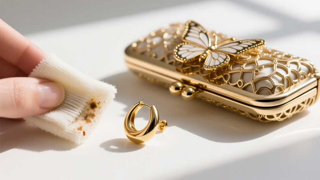 Microfiber cloth polishing butterfly clutch and 20-gauge post of gold vermeil earring, removing cosmetic residue buildup safely.