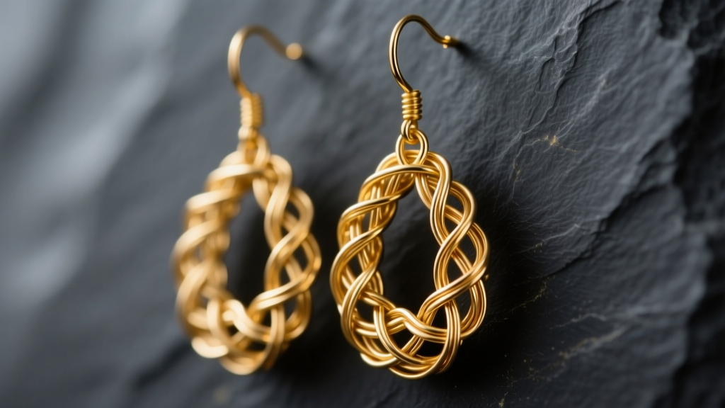 Close-up of 14k gold-filled woven wire drop earrings with a tight basketweave pattern on dark slate under soft, warm lighting