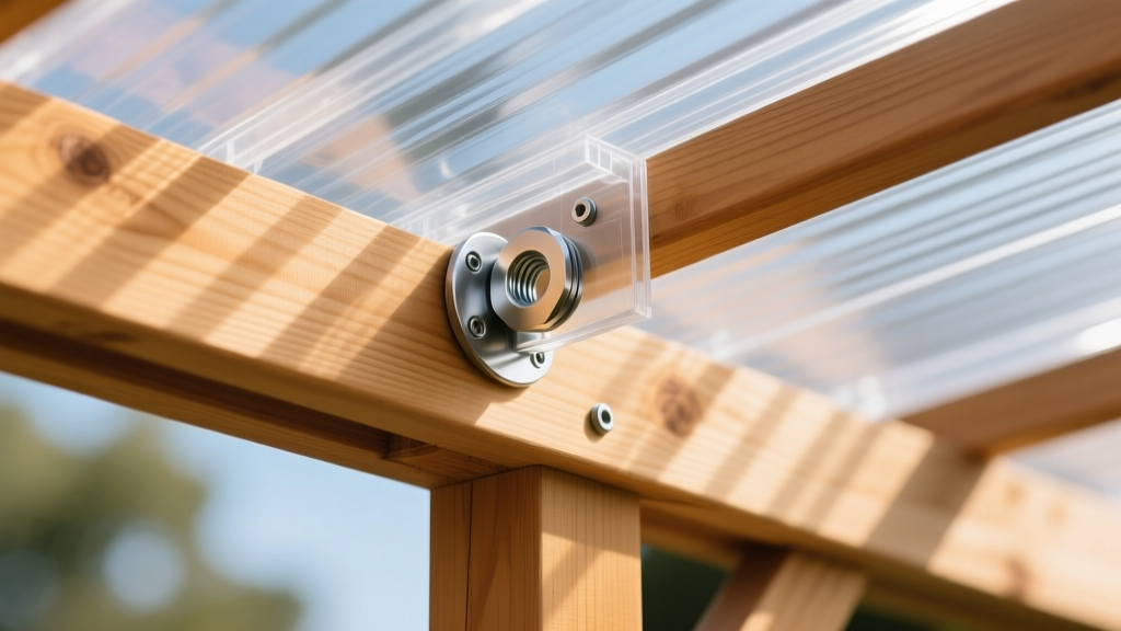 Close-up of a multiwall polycarbonate plastic roofing panel being fastened to a timber pergola frame with specialized expansion washers
