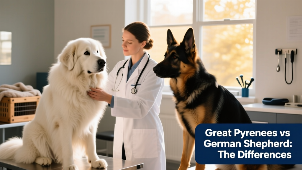 A veterinarian gently examining a Great Pyrenees and a German Shepherd side by side during a routine wellness checkup