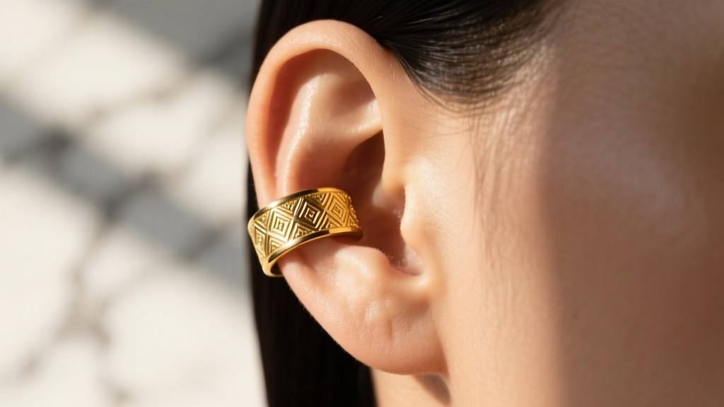 Close-up of textured 18k yellow gold ear cuff wrapping around mid-helix cartilage, photographed against blurred marble background