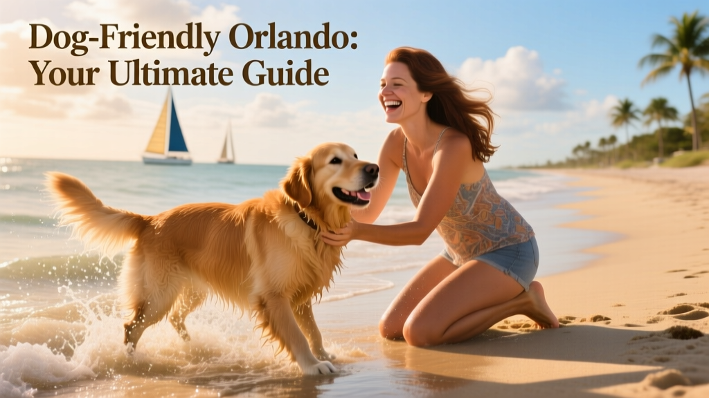 A woman kneeling beside her wet, happy dog on a sunlit sandy shoreline in Orlando