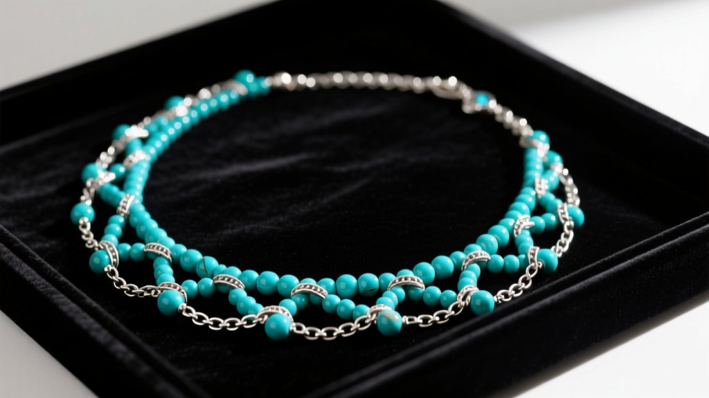 Close-up of a tangled 60-inch bohemian long wrap necklace with turquoise beads and silver chain resting on a dark velvet jewelry tray.