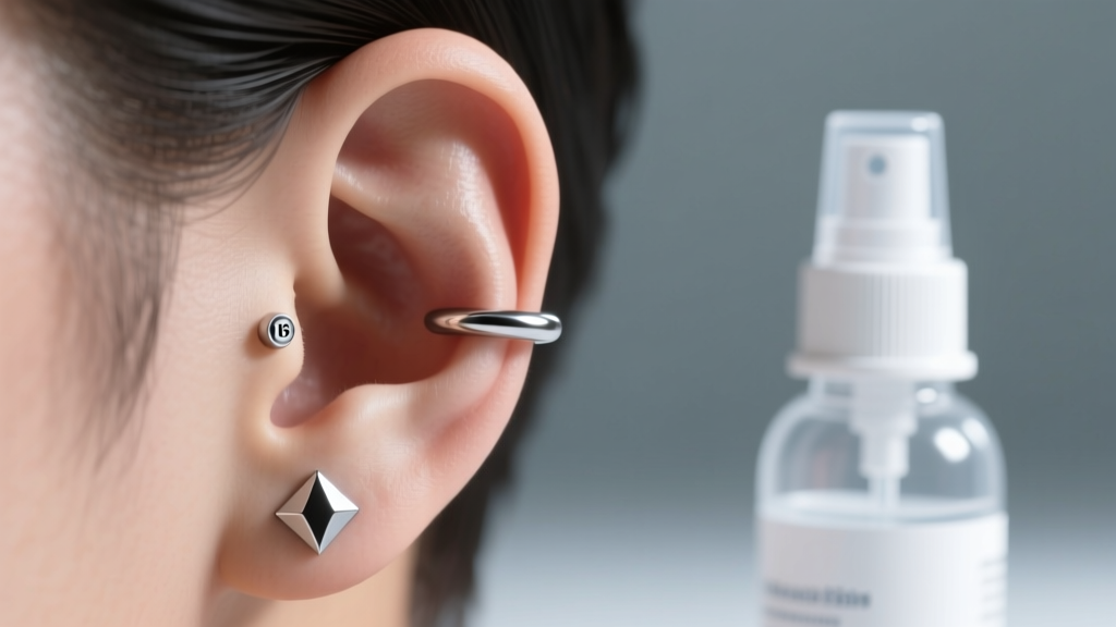 Side profile of an ear with a 16-gauge titanium helix labret, next to a blurred sterile saline spray bottle under soft daylight.