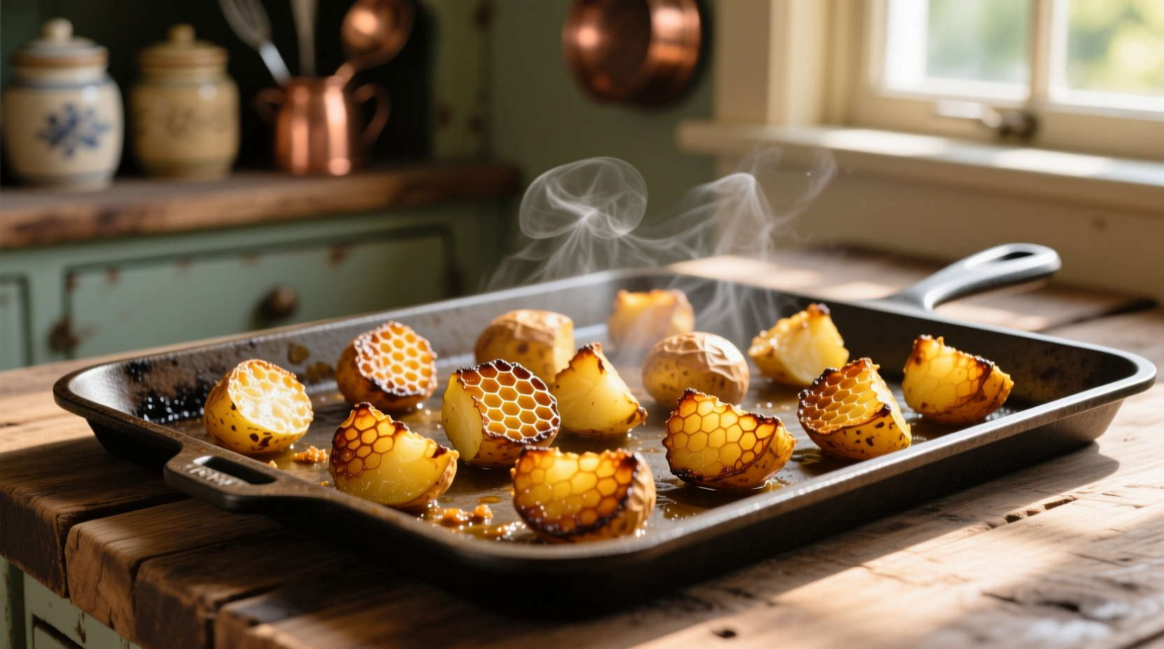 Golden roasted potatoes with crispy edges on baking tray