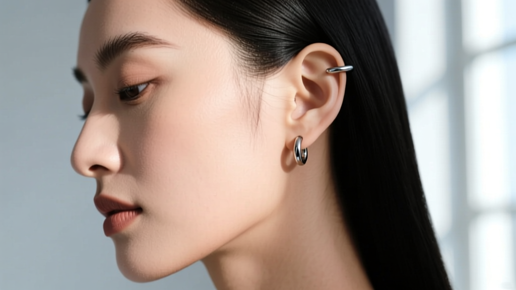 Side profile of a woman wearing a titanium ear climber on her lobe paired with a small seamless hoop in the upper helix cartilage.