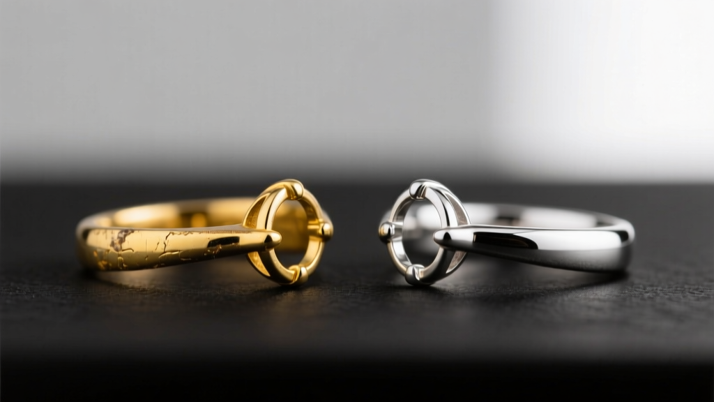 Macro comparison showing a yellowing worn white gold ring prong next to a freshly rhodium-plated bright silver-white prong.