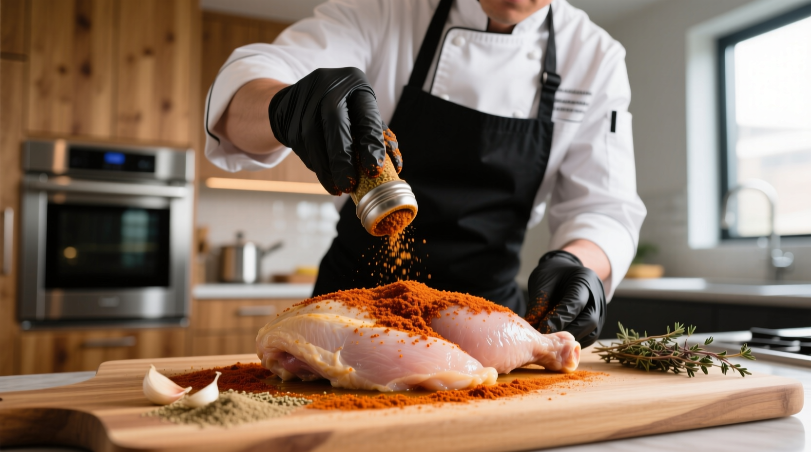 Professional chef seasoning chicken breast with spice rub