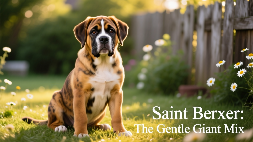 A friendly Saint Berxer puppy sitting on grass, showing its expressive eyes and muscular build