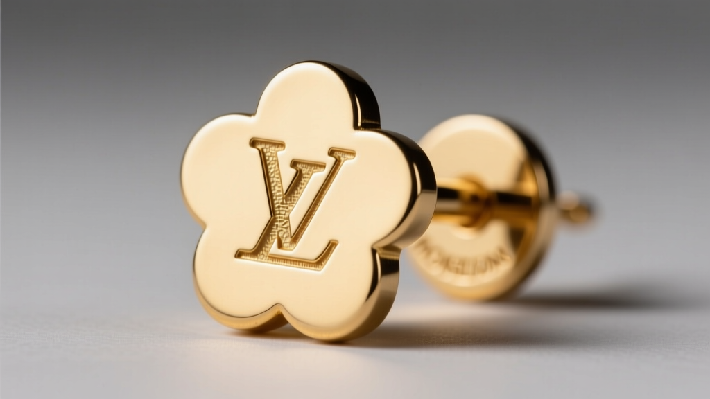 Macro shot of the LV hallmark stamp on the back of a gold-plated brass Monogram Flower earring post under bright studio lighting