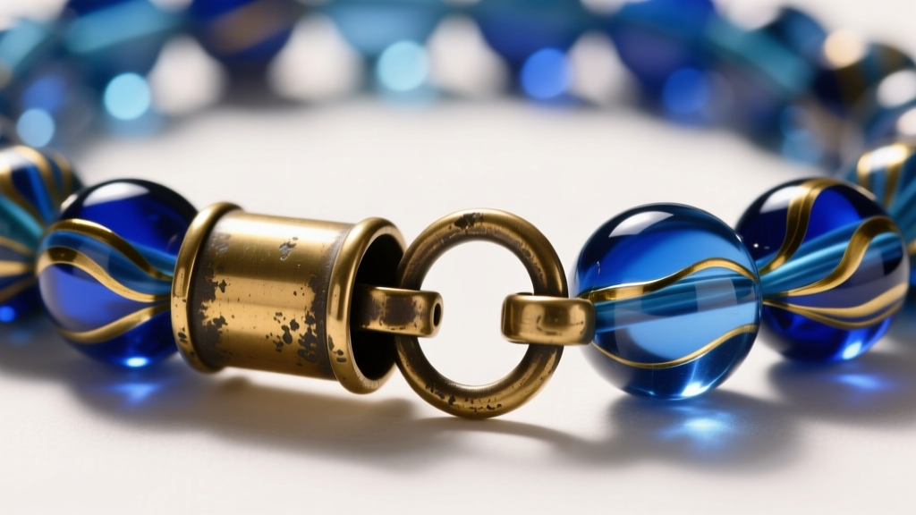Close-up of vintage brass barrel clasp on Murano glass bead necklace, showing the aged patina and original hook-and-eye design.