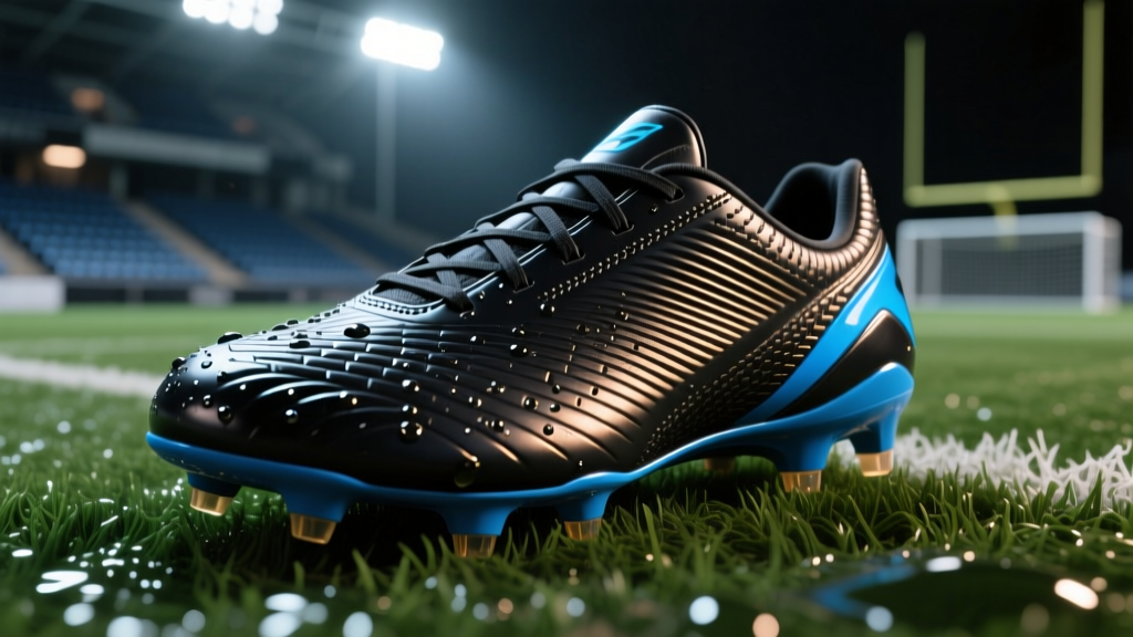 Macro shot of a textured polyurethane synthetic football boot upper resting on wet artificial turf under bright stadium lights