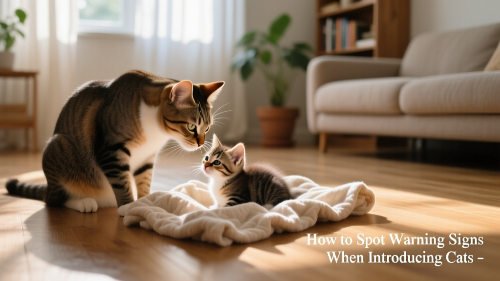 A calm adult cat sniffing a blanket that belongs to a new kitten