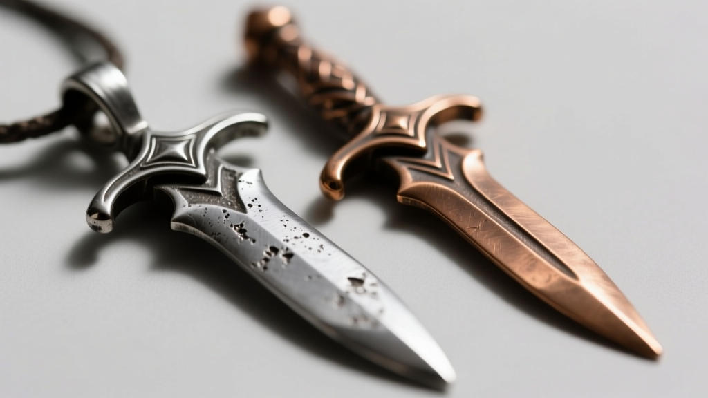 Macro shot of a dull zinc alloy Vorpal Blade pendant next to a bronze replica, showing surface porosity and sharp edge details.