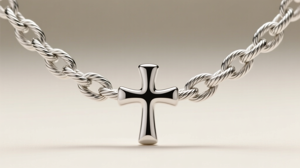 Macro shot of an Argentium silver cross chain showing intricate 1.2mm cable links and a bright, highly reflective metal surface