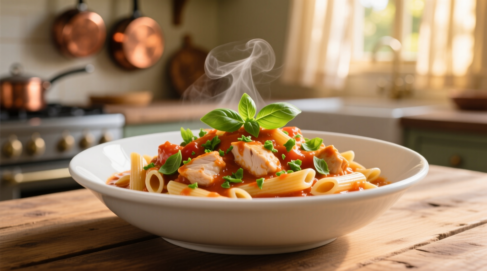 Creamy tomato chicken pasta in white bowl with fresh basil