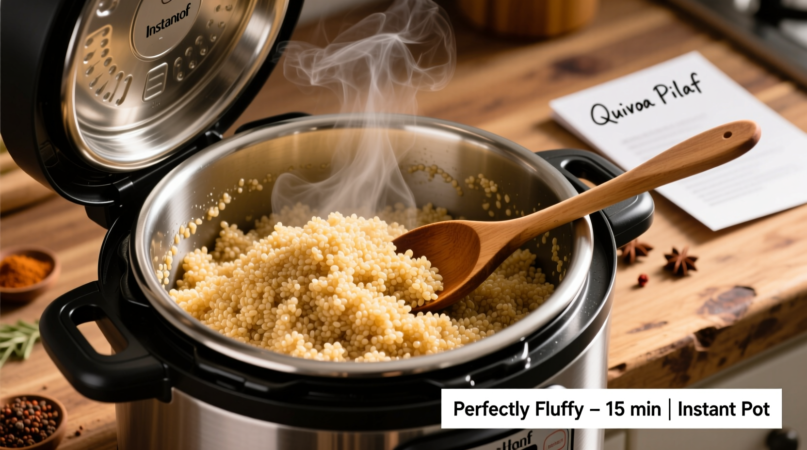 Fluffy cooked quinoa in Instant Pot with fork