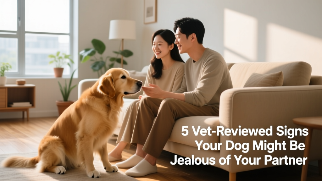 A dog gently nudging between two people sitting on a couch