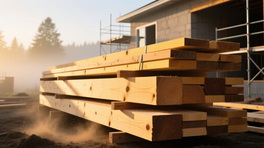Stacked dimensional lumber including Douglas fir and Southern yellow pine on a residential construction site framing at dawn