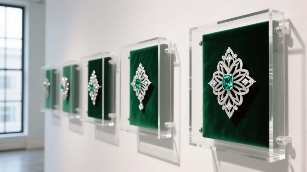 Acrylic floating frames displaying Art Deco diamond filigree brooches mounted on dark emerald velvet in a modern gallery setting.
