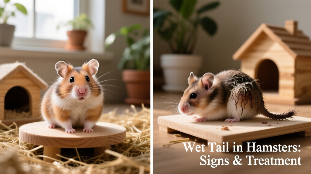 Side-by-side comparison showing a healthy hamster versus one with visible wet tail symptoms
